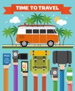 Time toTravel modern design flat with minibus,summer holiday