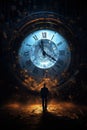 time travel concept. Blue glowing clock face in the dark sky. Man silhouette walking alone.