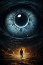 time travel concept. Eye in the sky. Fantasy concept art. Man silhouette. Blue and yellow tones colors.