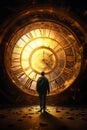 time travel concept. Golden glowing hues. Man silhouette. Clock face.