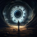time travel concept. Man silhouette alone. Clock face resembling a eye. Royalty Free Stock Photo