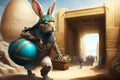 Time - traveling Easter bunny delivering eggs to ancient civilizations Easter illustration generative ai