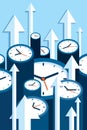 Time up. Fast decision. 3d Clock icons in flat style, arrows and timers on blue background. Time management. More watch and pointe Royalty Free Stock Photo