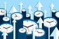 Time up. Fast decision. 3d Clock icons in flat style, arrows and timers on blue background. Time management. More watch and pointe Royalty Free Stock Photo