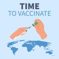 Time for vaccination. Global fight against virus. Covid-19 vaccine. Cartoon hands hold syringe and bottle of medicine