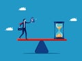 Time value or opportunity cost. Businessman with money and hourglass on scales