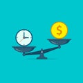 Time vs money on scales illustration. Money and time balance on scale. Weights with clock and money coin. Vector isolated concept