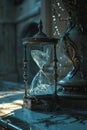 Time and water merge in this antique hourglass, set against an old-world backdrop