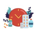 Time for your medicine, Medicine time concept. Medicine bottle, capsules, pills with clock on background in flat design
