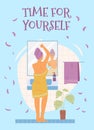 Time for yourself banner with woman in bathroom, flat vector illustration. Royalty Free Stock Photo