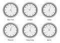 Time zone clocks. Modern wall round clock face, time zones day and night clock, world big cities time difference vector Royalty Free Stock Photo