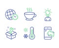 Time zone, Spanner and Coffee cup icons set. Weather thermometer, Education and Incoming call signs. Vector