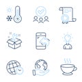 Time zone, Spanner and Coffee cup icons set. Weather thermometer, Education and Incoming call signs. Vector