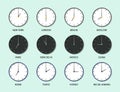 Time zones with clocks. World watch icons. Different timezones. Set of international wall clocks. Global time for london, new york