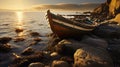 Romantic Boat On Rock Shore: A Captivating Artistic Creation