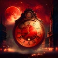 Timekeeping clock in the background of the city. Red color. New Year\'s celebrations