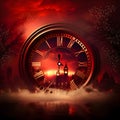 Timekeeping clock in the background of the city. Red color. New Year\'s celebrations
