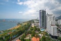 Timelapse aerial view of beautiful seaside of Sriracha town in Chon Buri, Thailand