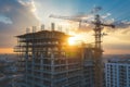timelapse of construction site activity as sun sets Royalty Free Stock Photo