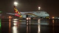 Timelapse of deicing passenger airplane at night Sheremetyevo Airport, Moscow