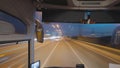 Timelapse from driver's cab. Action. Trucker is driving on suburban highway with burning lights in evening. Timelapse of Royalty Free Stock Photo