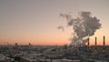 Timelapse panoramic shot of Moscow city at sunset. The worldwide concept of pollution of megalopolises and global