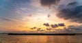 Timelapse of passing cloud with sunset and transportations in Chaopraya river