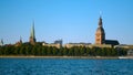 Speedup motion timelapse of Riga City Old Town panorama on Daugava river sunset