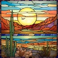 Timeless Artistry: Stained Glass Of An Arizona Desert With A Lone Saguaro Cactus Royalty Free Stock Photo