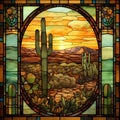 Timeless Artistry: Stained Glass Window Of Arizona Desert Landscape Royalty Free Stock Photo