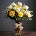 Timeless Artistry: Yellow And White Roses In A Vase Royalty Free Stock Photo