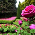 Timeless beauty of a classic rose garden in full bloom. Panorama