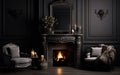 Timeless Beauty Dark Classic Interior Home Mockup with Fireplace. Generative AI