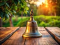 A Timeless Bronze Bell with Wooden Handle Rustic Charm in a Warm Studio Setting This Antique Bell Rested Royalty Free Stock Photo