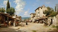 Timeless Charm: Italian Village Market Painting from 1870