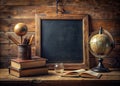A Timeless Classroom Blank Chalkboard Awaits Inspiration in a Rustic AntiqueFilled Educational Setting Discover the Royalty Free Stock Photo