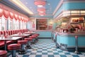 A timeless diner featuring a checkered floor and walls painted in a soothing shade of blue, An old-fashioned diner serving burgers Royalty Free Stock Photo