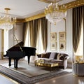 Timeless Elegance: A classic living room featuring a grand piano, velvet drapes, and gilded frames adorning the walls The space Royalty Free Stock Photo