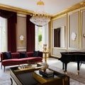 Timeless Elegance: A classic living room featuring a grand piano, velvet drapes, and gilded frames adorning the walls The space Royalty Free Stock Photo