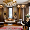 Timeless Elegance: A classic living room featuring a grand piano, velvet drapes, and gilded frames adorning the walls The space Royalty Free Stock Photo