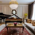 Timeless Elegance: A classic living room featuring a grand piano, velvet drapes, and gilded frames adorning the walls The space Royalty Free Stock Photo