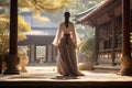 Timeless Elegance: Hanbok-Clad Woman in Ancient Temple Courtyard