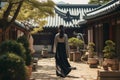 Timeless Elegance: Hanbok-Clad Woman in Ancient Temple Courtyard