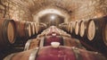 Timeless elegance heritage wine cellar in historic chateau with candlelit aging barrels