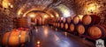 Timeless elegance heritage wine cellar in historic chateau with candlelit aging barrels