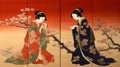 Timeless Elegance: Traditional Painting Depicts 15th Century Japanese Geishas Royalty Free Stock Photo
