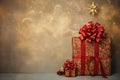 Timeless Elegance: Vibrant Red Christmas Gift Box with Gold Ribbon amidst Old Wall Decor Royalty Free Stock Photo