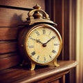 Timeless elegance of a vintage clock placed on a weathered wooden mantelpiece. Royalty Free Stock Photo