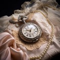 Timeless Elegance: A Vintage-inspired photograph capturing the beauty of a silver pocket watch resting on a delicate