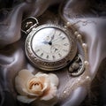 Timeless Elegance: A Vintage-inspired photograph capturing the beauty of a silver pocket watch resting on a delicate